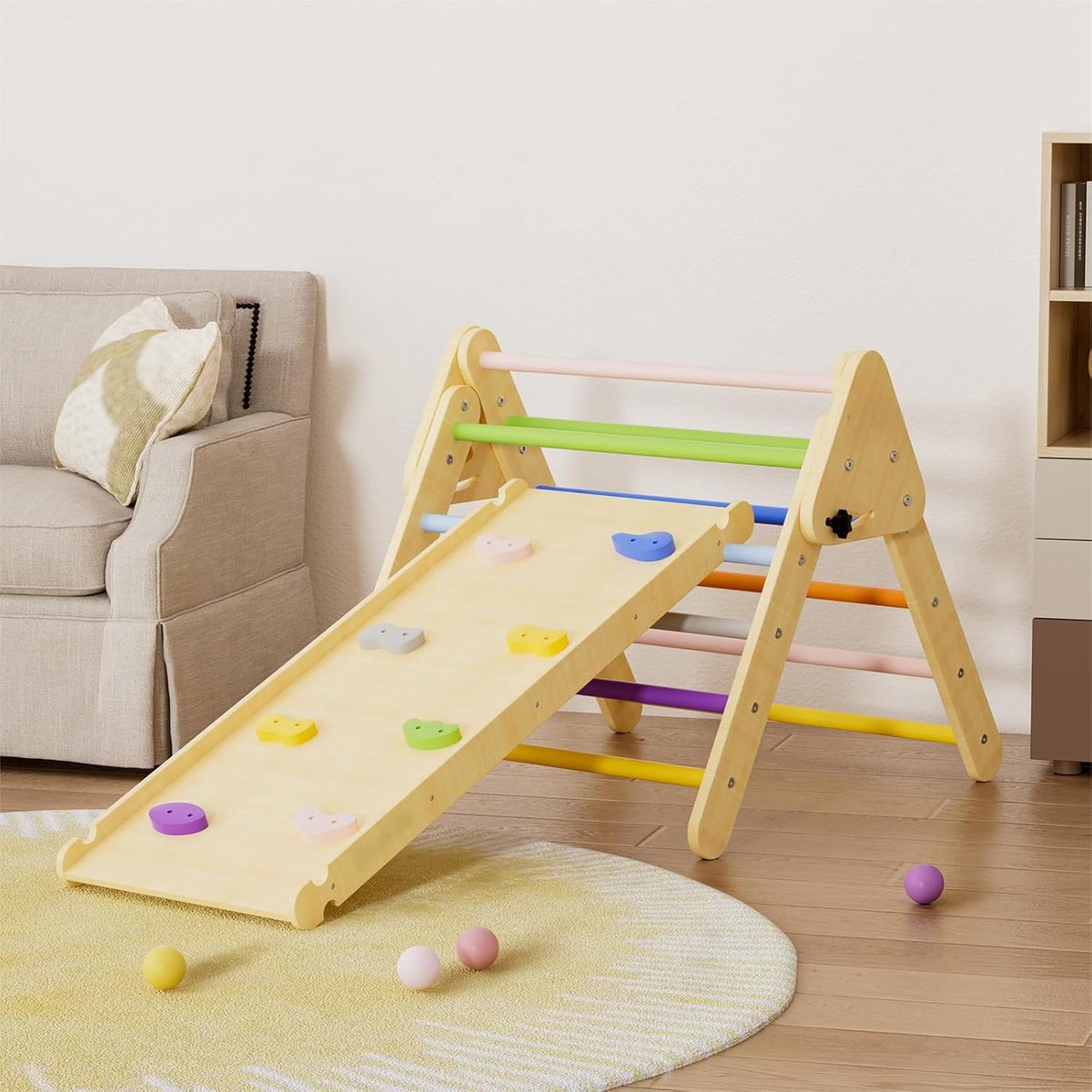 Driehoek Klimrek Set met   - 2-in-1 Regenboog Montessori Speelgoed - Opvouwbaar Houten Klimtoestel - Indoor Klimrek voor Peuters en Kinderen