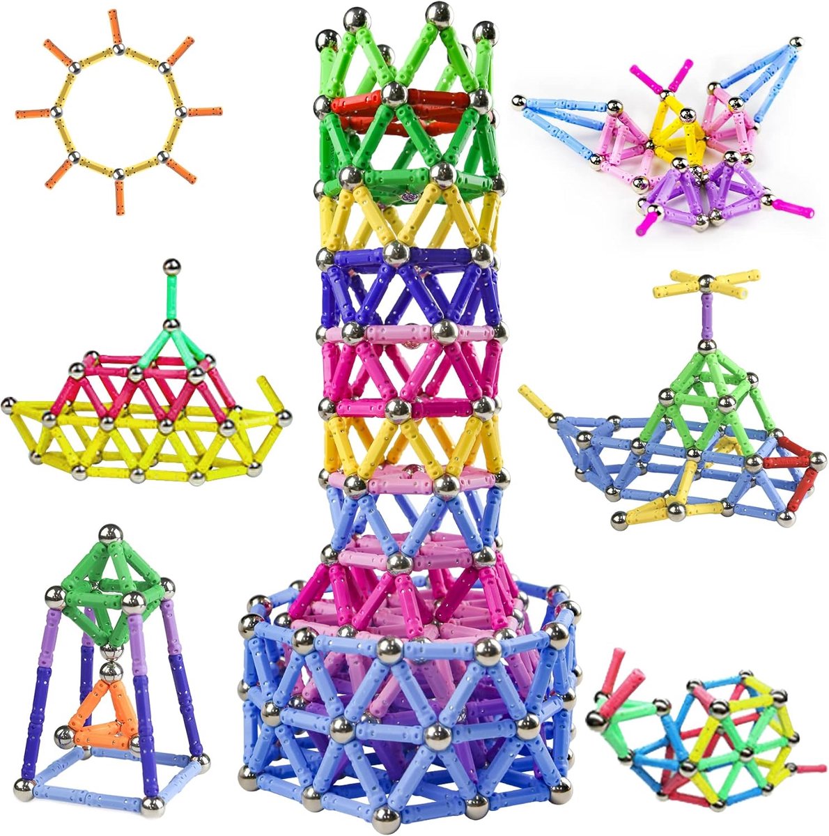 Magnetisch Bouwspeelgoed Stick Set - 320 Stuks - STEM Magneten Puzzel - Educatief Constructiespeelgoed - Oneindige 3D Vormen - Creatief Speelgoed voor Kinderen en Volwassenen - Inclusief Opbergzak en Ideeënboekje - 10 Kleuren