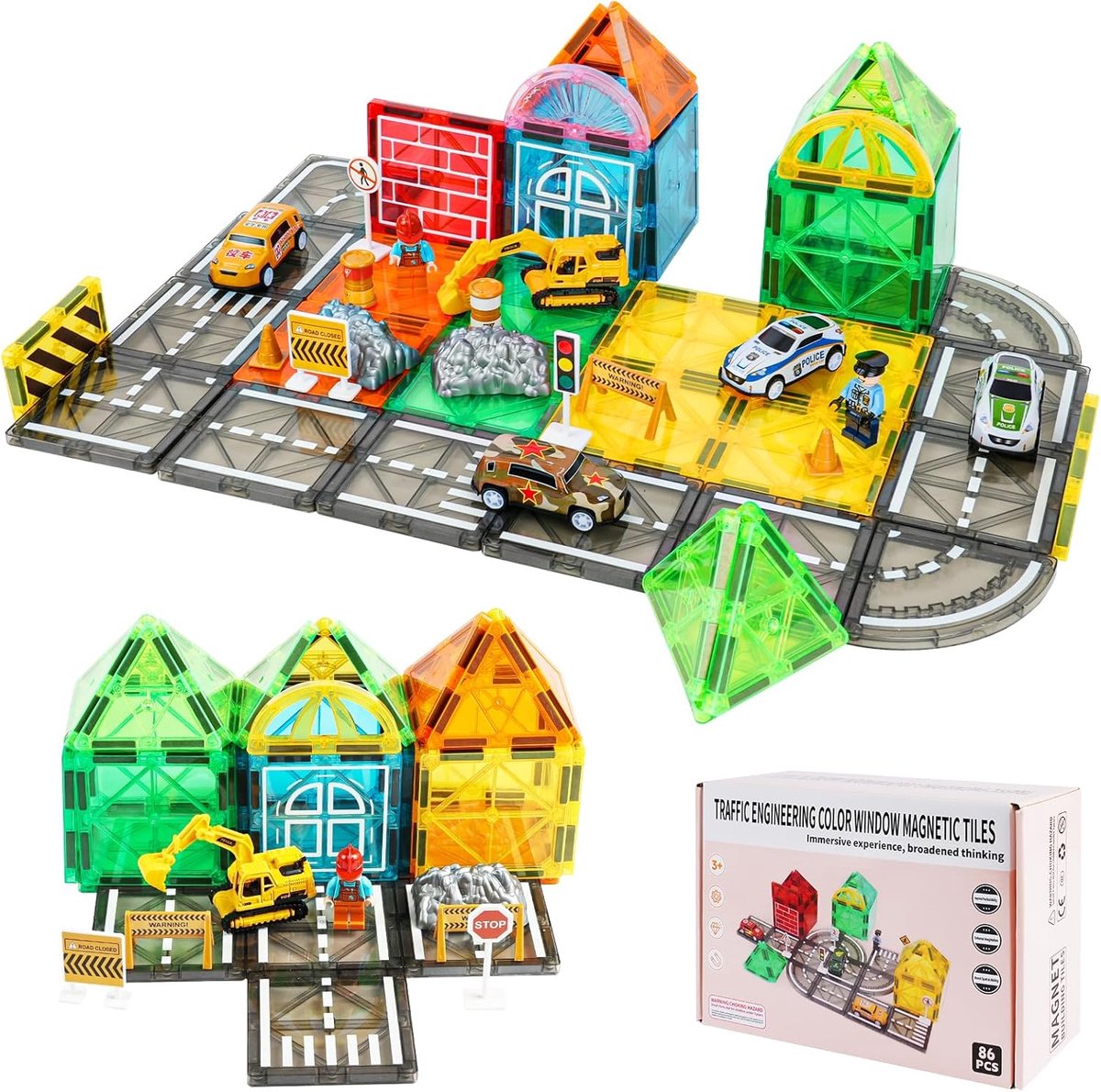 Magnetisch Constructiespeelgoed Set - 86-delige Magnetische Bouwstenen & Tegels - Stad & Straat Thema - Educatief Speelgoed voor Kinderen - Magnetisch Speelgoed Jongens Meisjes 3 t/m 8 Jaar - Bouwspeelgoed - Creatief Cadeau