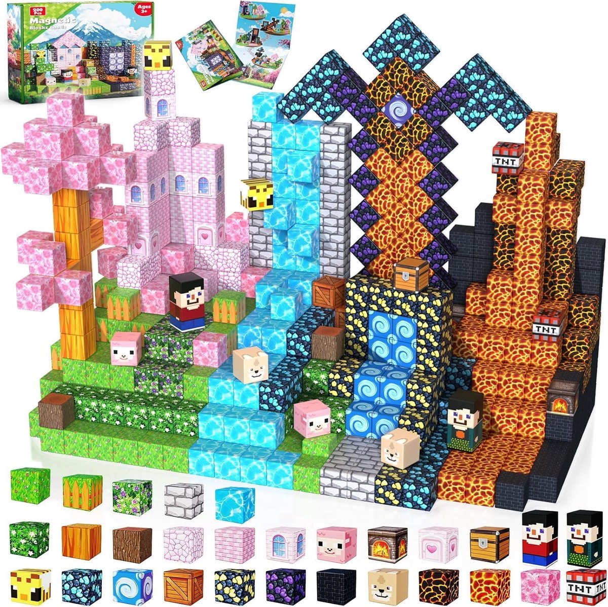 Magnetische Bouwblokken Set van 200 Stuks – Donker Bos & Roze Kasteel Thema – Educatief STEM Montessori Speelgoed – Magnetische Blokken voor Kinderen 3-9 Jaar – Creatief Cadeau voor Pasen, Verjaardag of Feestdagen