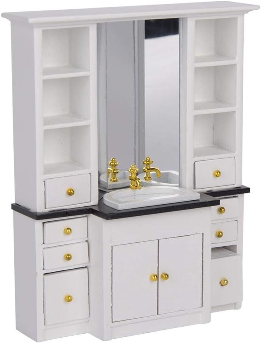 Mini Wasbak Kastje voor Poppenhuis - 1/12 Poppenhuis Meubel - Witte Miniatuur Kast met Wasbak - Dollhouse Keuken & Badkamer Accessoire - Poppenhuis Decoratie