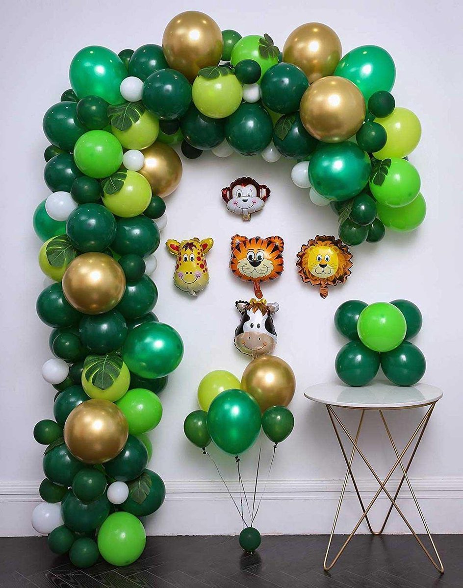 Ballonnenboog - DIY - Jungle - Groen - Goud - Verjaardag Versiering - 97 Ballonnen - 10 Palmbladeren - 5 Helium Jungle Dieren - Feest Versiering - 5 Meter - Safari Versiering - Babyshower - 1 Jaar - GRATIS POMP en OPHANGHAAKJES - Decoratie