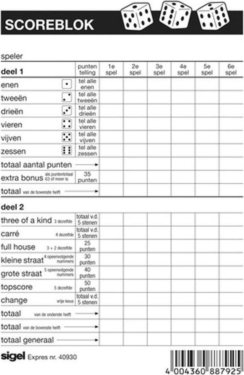 3x Scoreblokken Yahtzee 100 vellen - Familiespellen - Dobbelspellen - Dobbelspel - Scoreblokken/scorekaarten - Score notitieblok