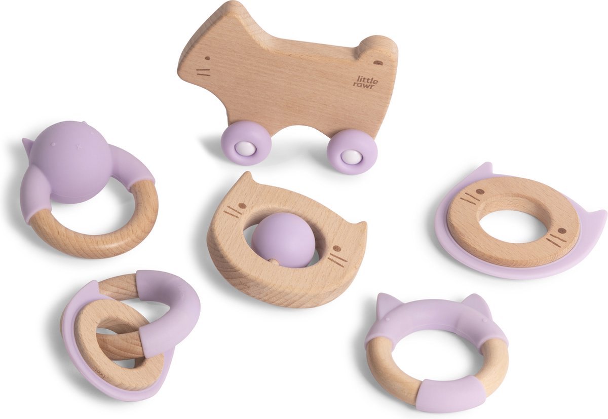 Silibaby – Bijtringen voor Babys – Houten Speelgoed met Silicone – Bijtspeelgoed - Set van 6 - Paars