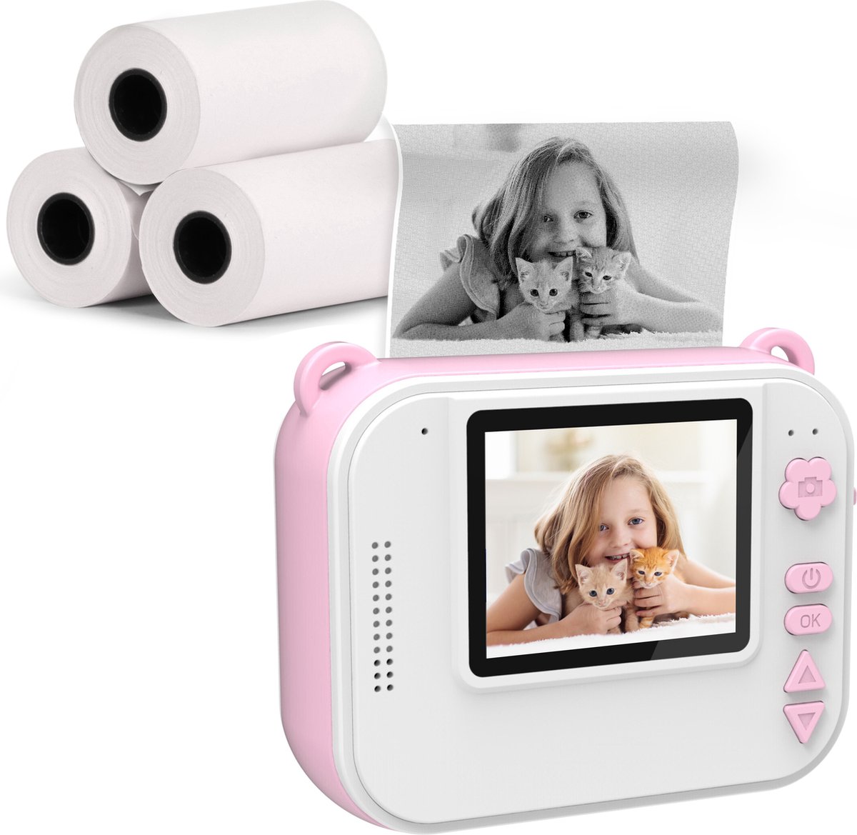 Silvergear Digitale Kindercamera Roze - Mini Printer / Pocket Printer - Mobiele Fotoprinter - Kids Camera - Thermische Printer - Met Video - 4 Spellen - Timer en Muziek