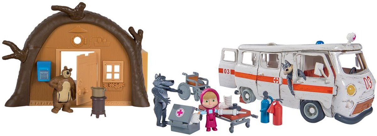 Simba - Masha & The Bear, Michka - Poppenset - De ambulance + figuren en winter hut