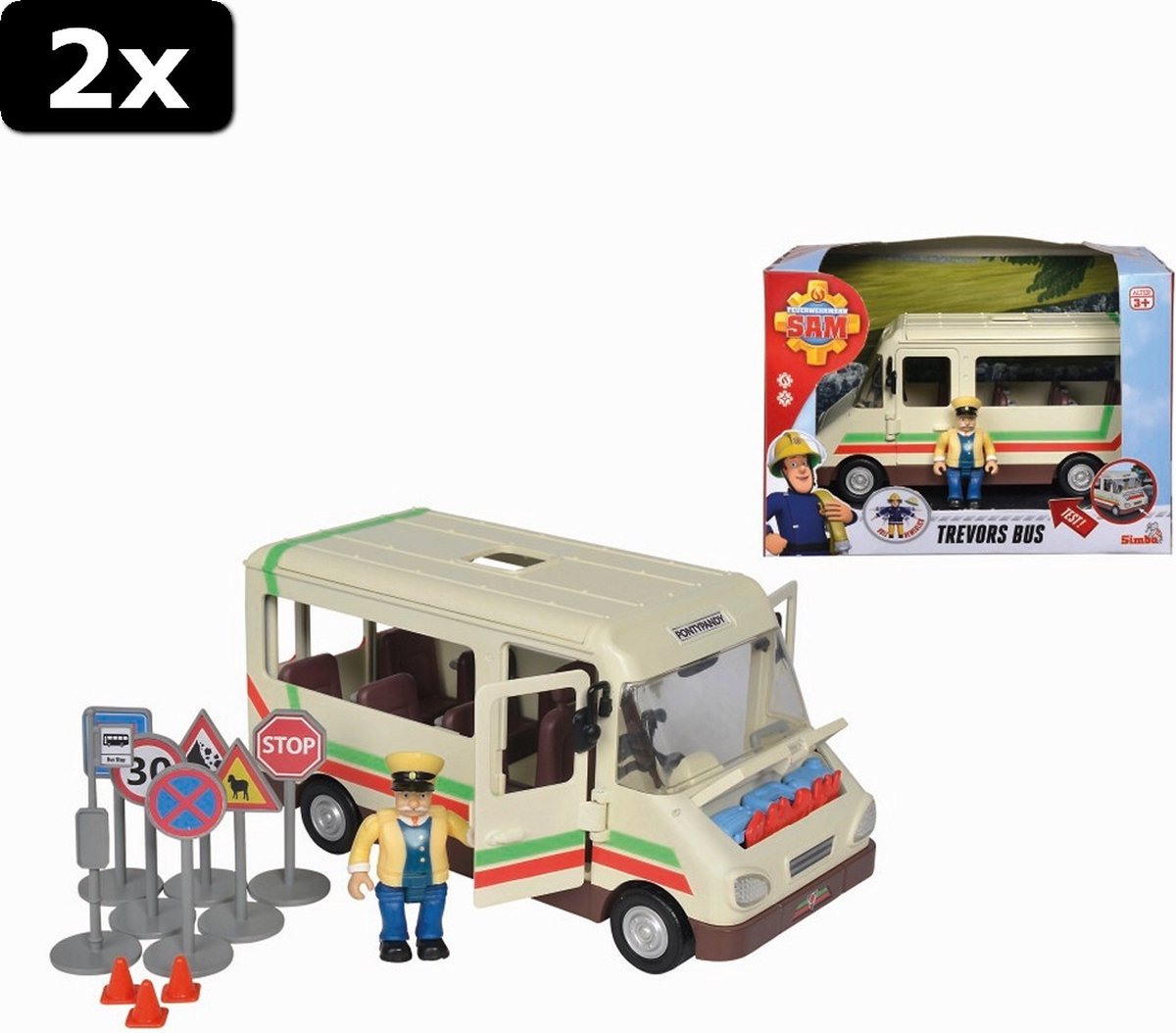 2x Simba Brandweerman Sam Trevors Bus met Figuur + Licht