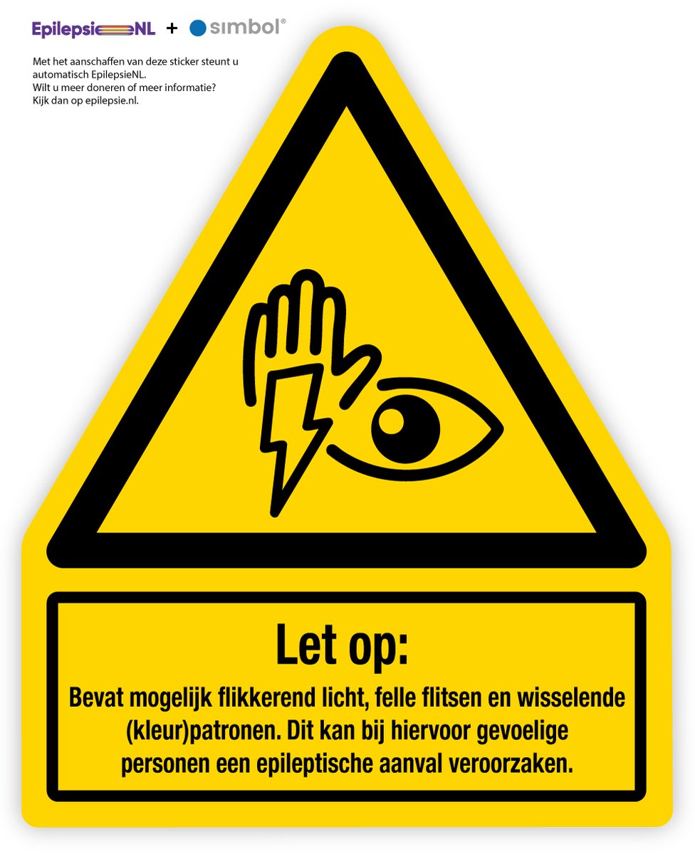 Simbol® - Stickers Waarschuwing Flitsend licht en patronen (epilepsie) met onderbord - Formaat 5 x 6,2 cm.