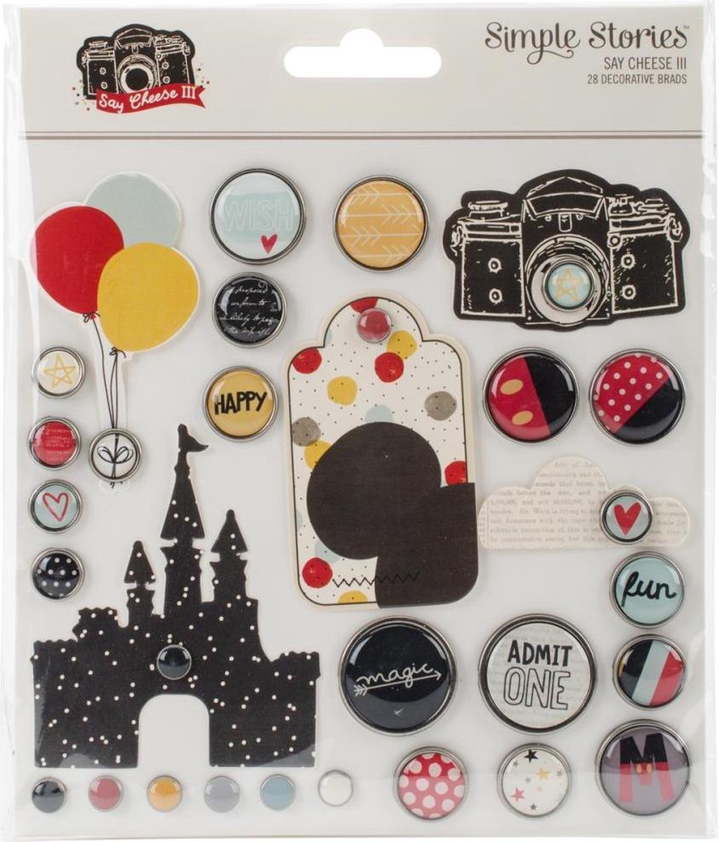 Simple Stories:  Say Cheese III Metal Brads & Tags 28/Pkg