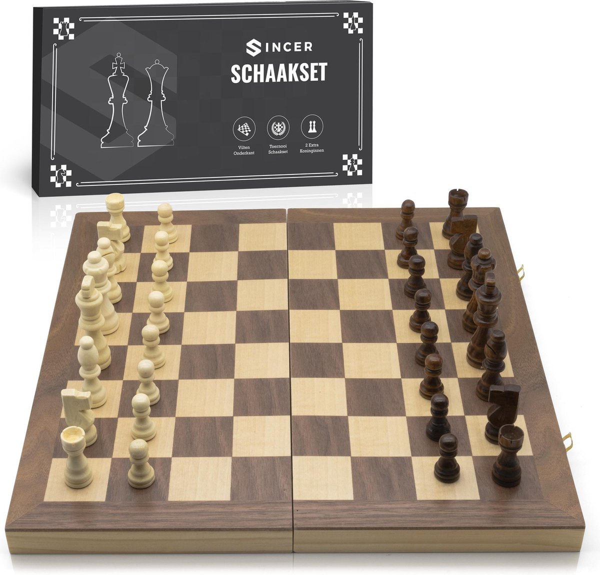   Houten Schaakspel met Schaakstukken – Met 2 Extra Koninginnen –Houten/Vilten Handgemaakte Stukken - Schaakbord/Schaakset voor Volwassenen – Inklapbaar – 38x38x2,5cm