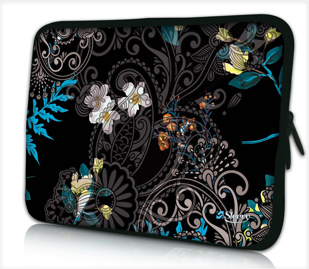 Laptophoes 11,6 inch zwart patroon bloemen - Sleevy - Laptop sleeve - Macbook hoes - beschermhoes