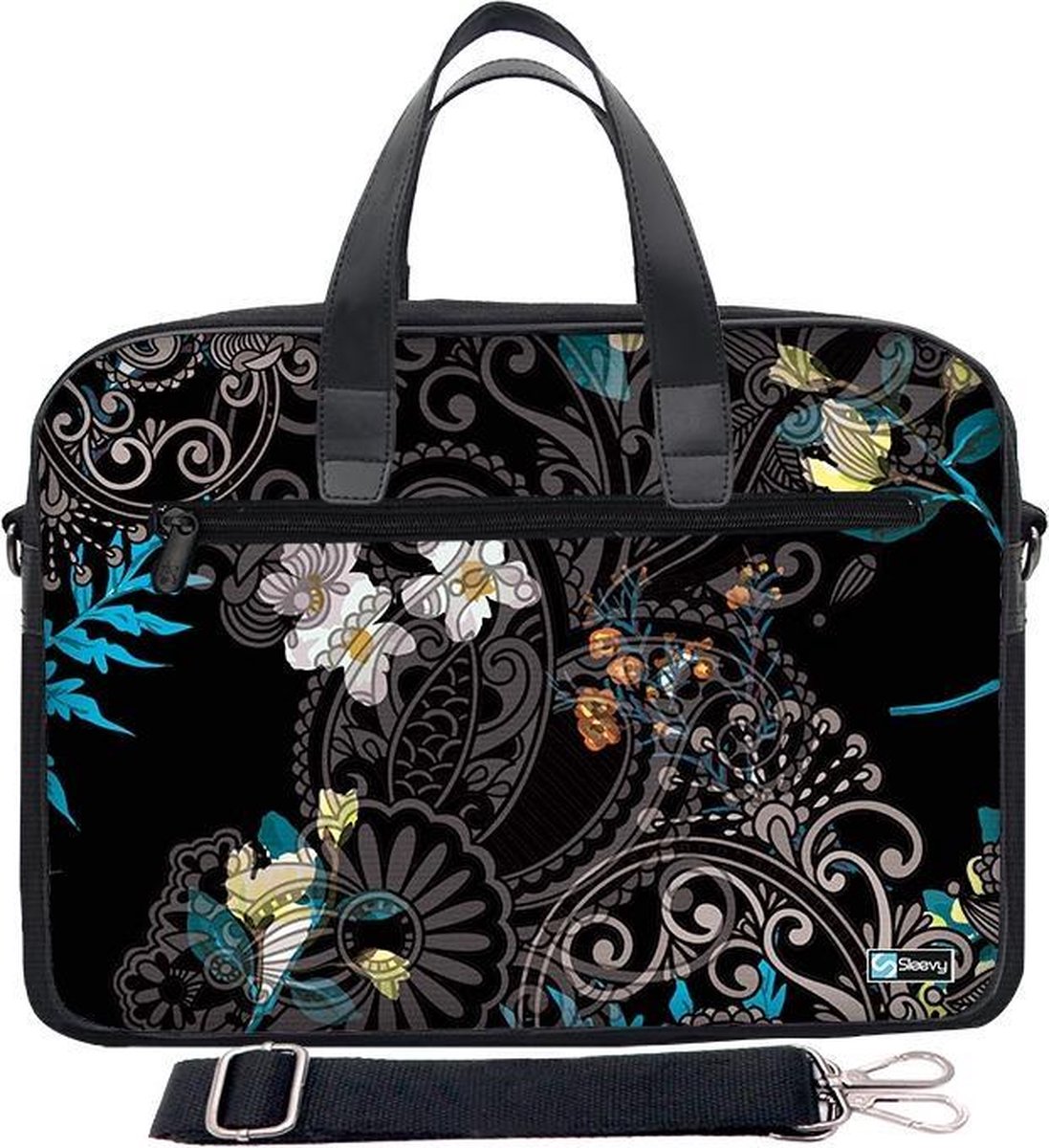 Laptoptas 15,6 inch / schoudertas zwart patroon bloemen - Sleevy - laptoptas - schooltas