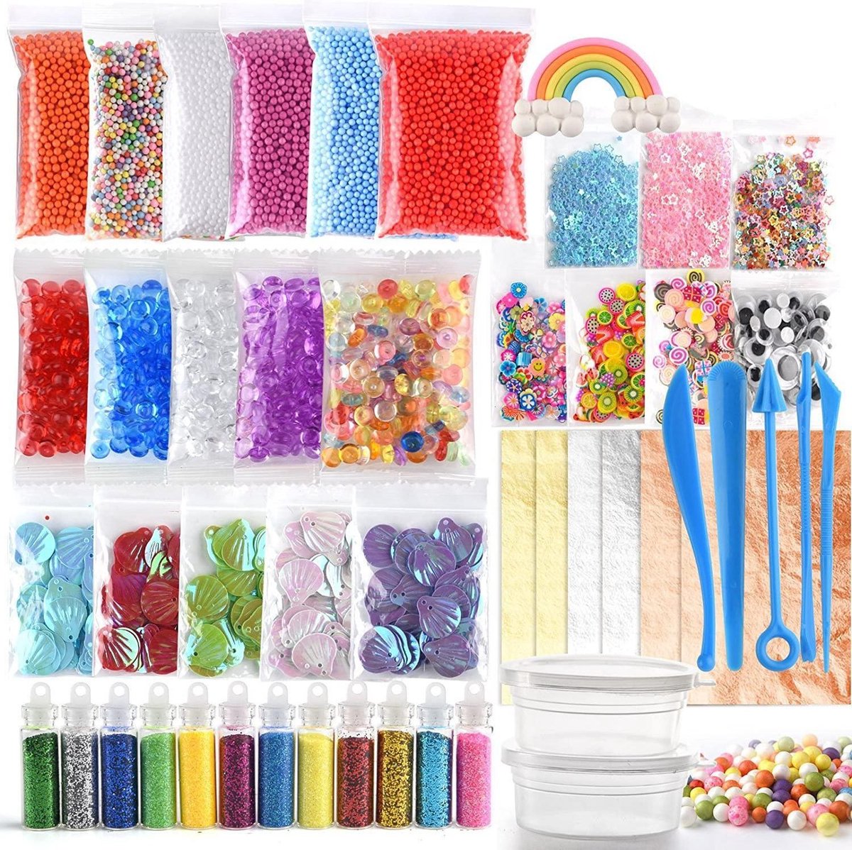 49 Packs Slime Supplies Kit inclusief Viskom kralen, Wobbly Ogen, Shell, Plakken, Confetti, Slime Foam kralen, Slijm Tools, Imitatie Gouden Blad, containers (Bevat geen slijm)