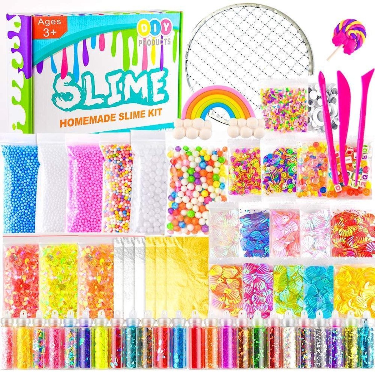 61 Packs Slime Supplies Kit, inclusief viskom kralen, suikerpapier, rooster, Googly ogen, schelp, plakjes, Confetti, slijm schuim kralen, imitatie goudblad voor slijm maken DIY Craft (Bevat geen slijm)