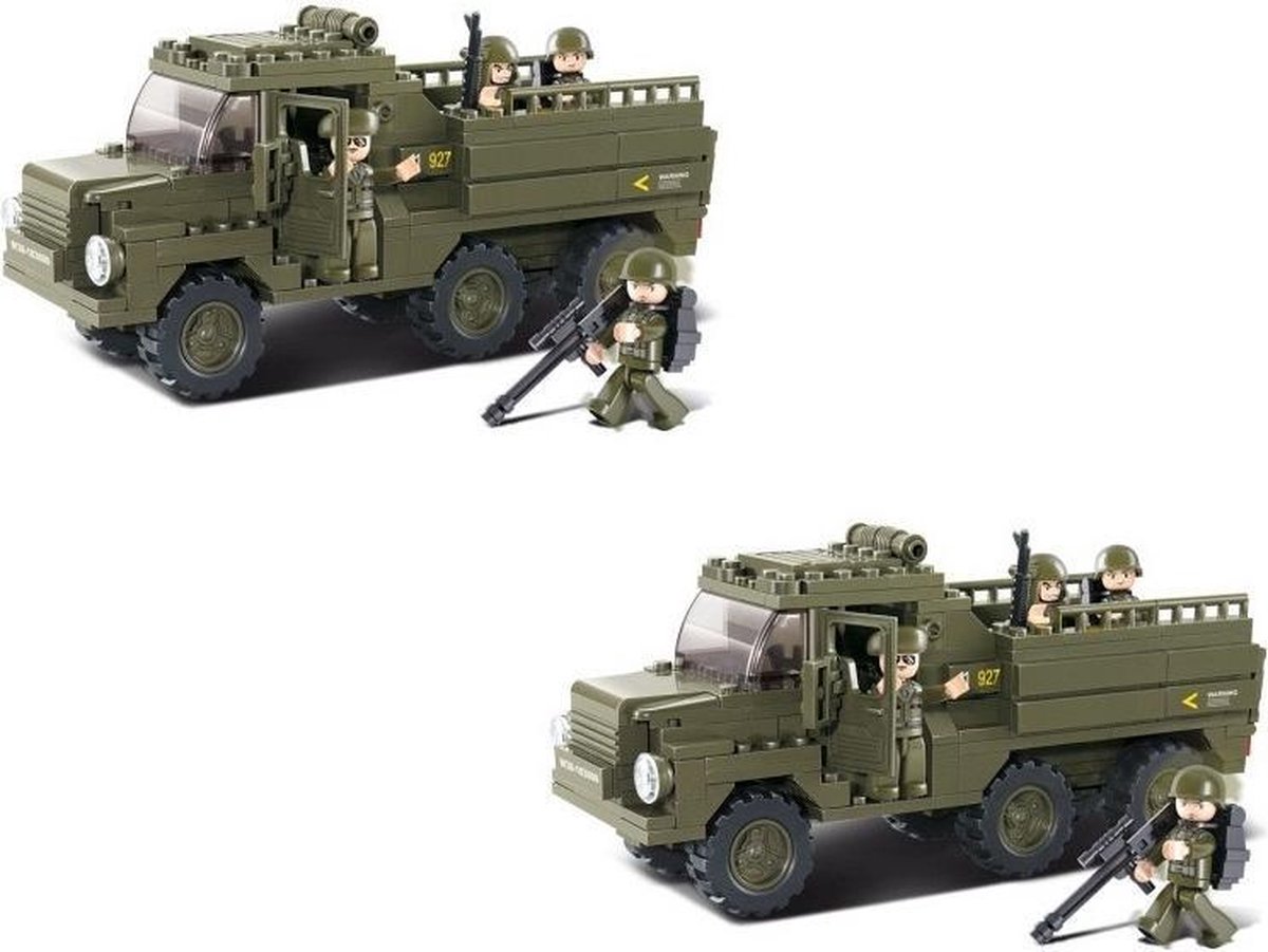 2x stuks sluban leger speelgoed vrachtwagen 31 cm bouwsteentjes - compatible - Soldaten Army thema