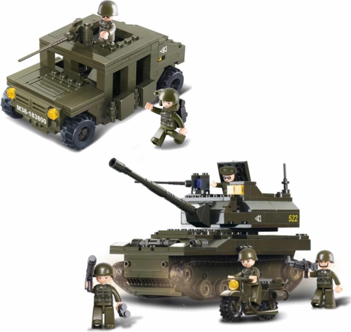 Leger/soldaten speelgoed set van Sluban - 2x army voertuigen - Tank en een pantservoertuig - Ongeveer 32 en 24 cm