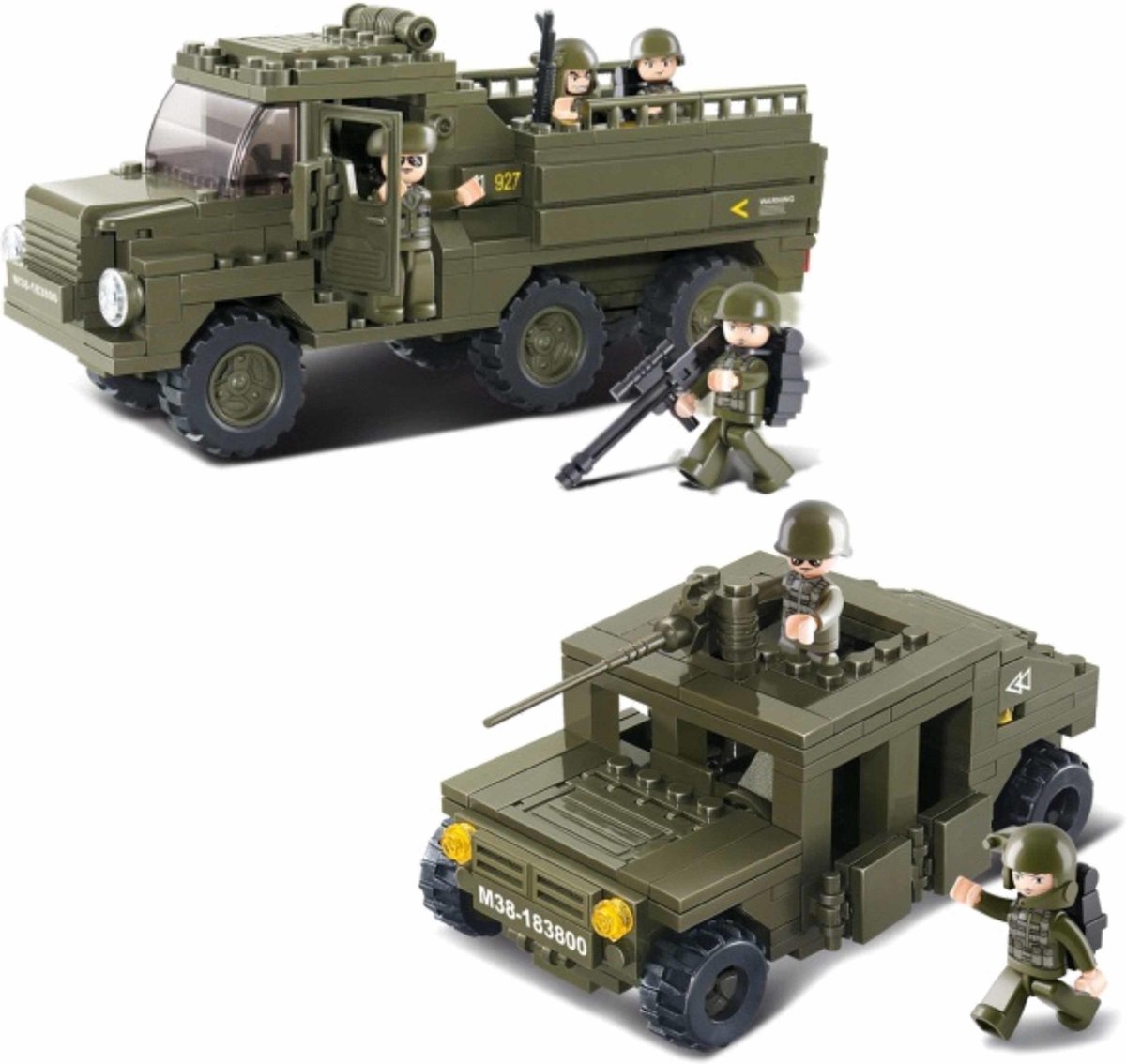 Leger/soldaten speelgoed set van Sluban - 2x army voertuigen - Vrachtwagen en een pantservoertuig - Ongeveer 31 en 24 cm