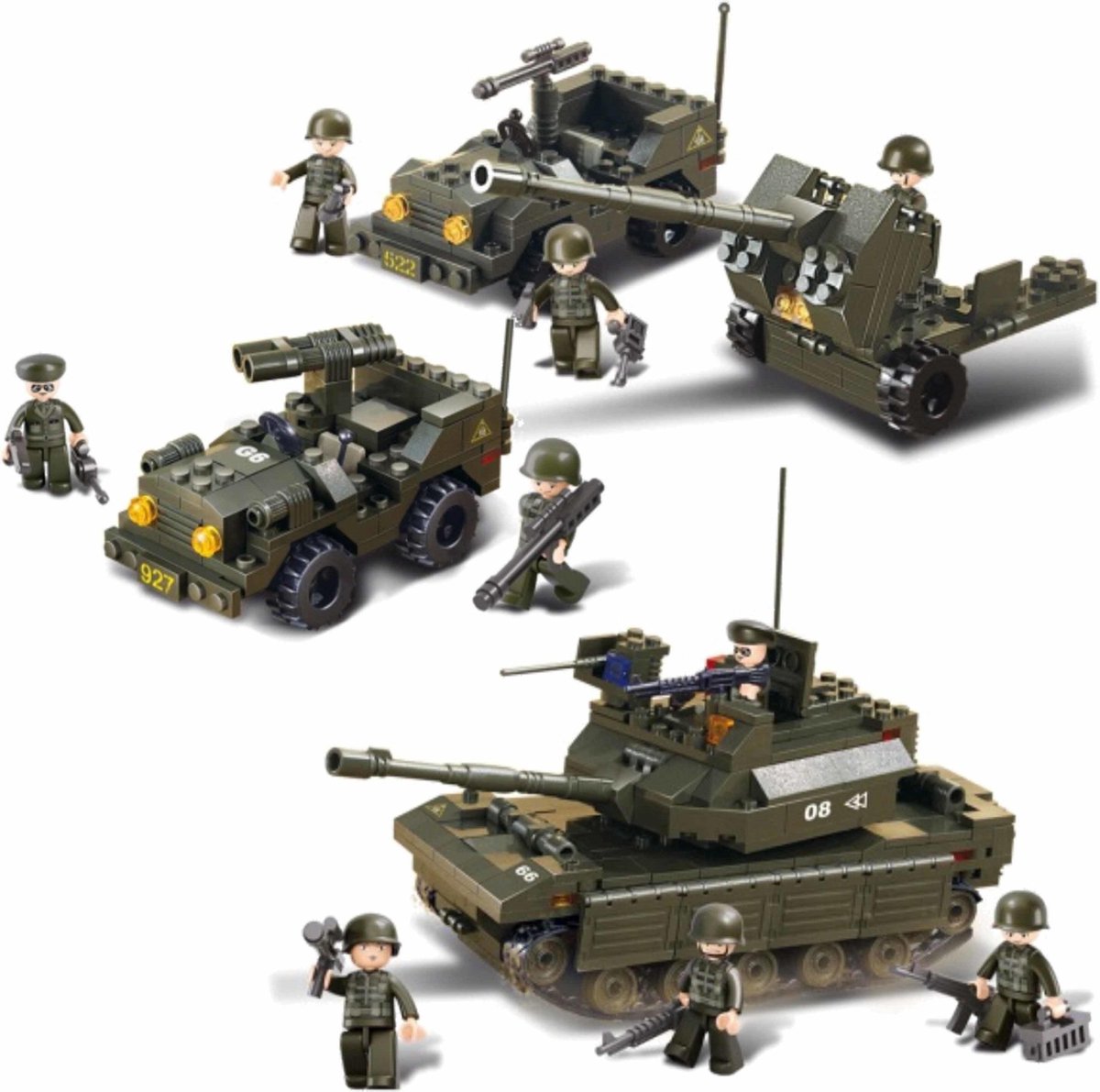 Leger/soldaten speelgoed set van Sluban - 3x army voertuigen - Jeep, afweergeschut en een tank set