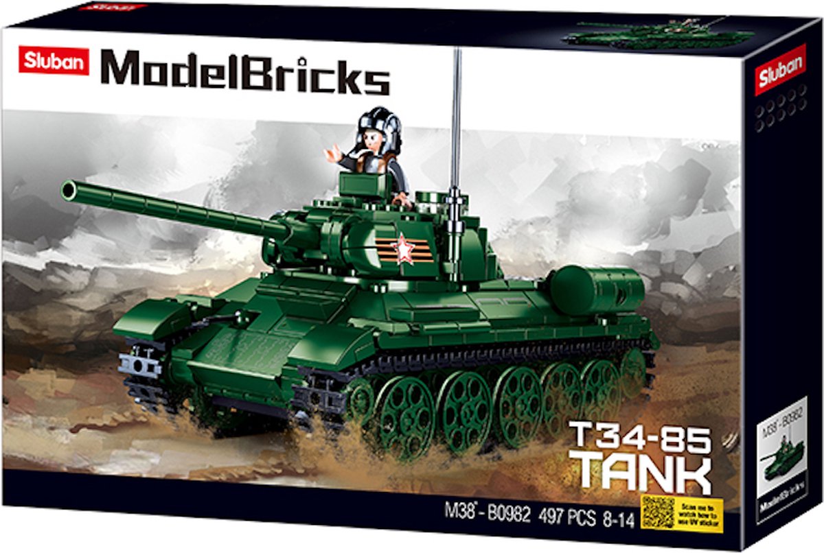 Sluban M38-B0982 - Russische Tank T34-85 - 497 onderdelen - Lego Compatibel - Bouwdoos