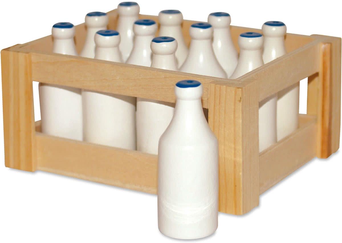 Houten kratje met 12 melkflesjes