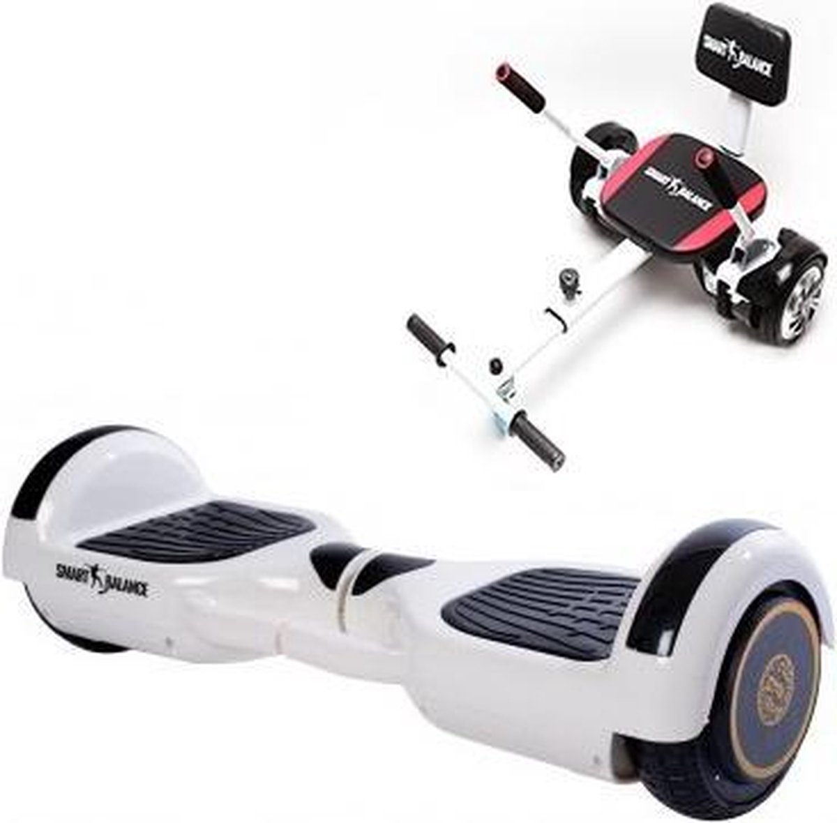 Package Smart Balance™ Hoverboard 6.5 inch, Regular White Handle +Hoverkart met spons, motor 700 Watt, bluetooth, led