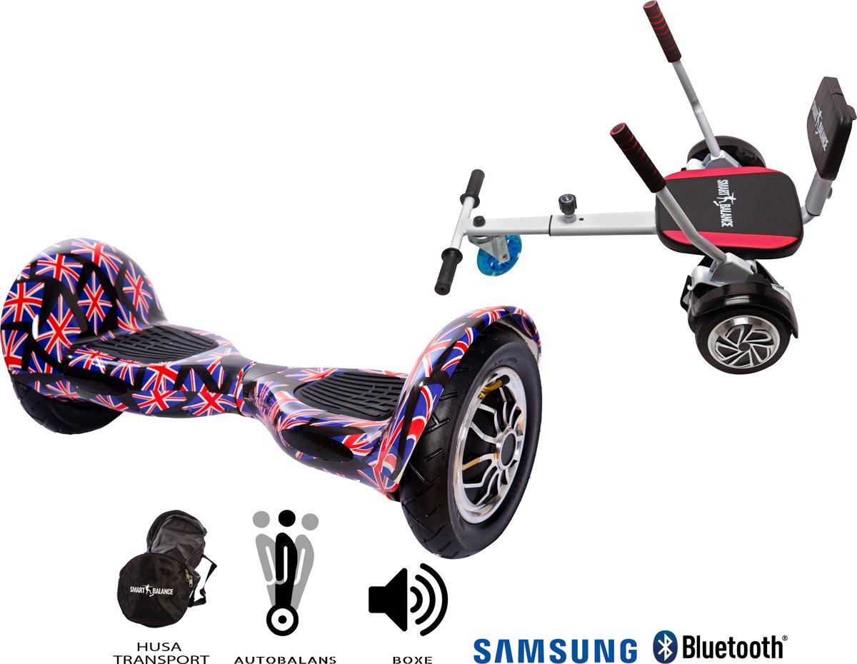 SMART BALANCE Paquet Hoverboard OffRoad England + Hoverseat avec une éponge - 10 pouces, Bluetooth