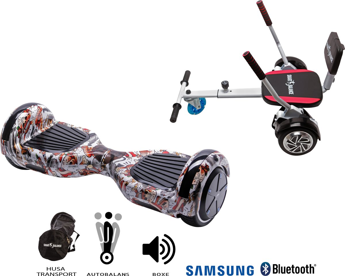 SMART BALANCE Paquet Hoverboard Regular Tattoo + Hoverseat avec une éponge - 6.5 pouces, Bluetooth