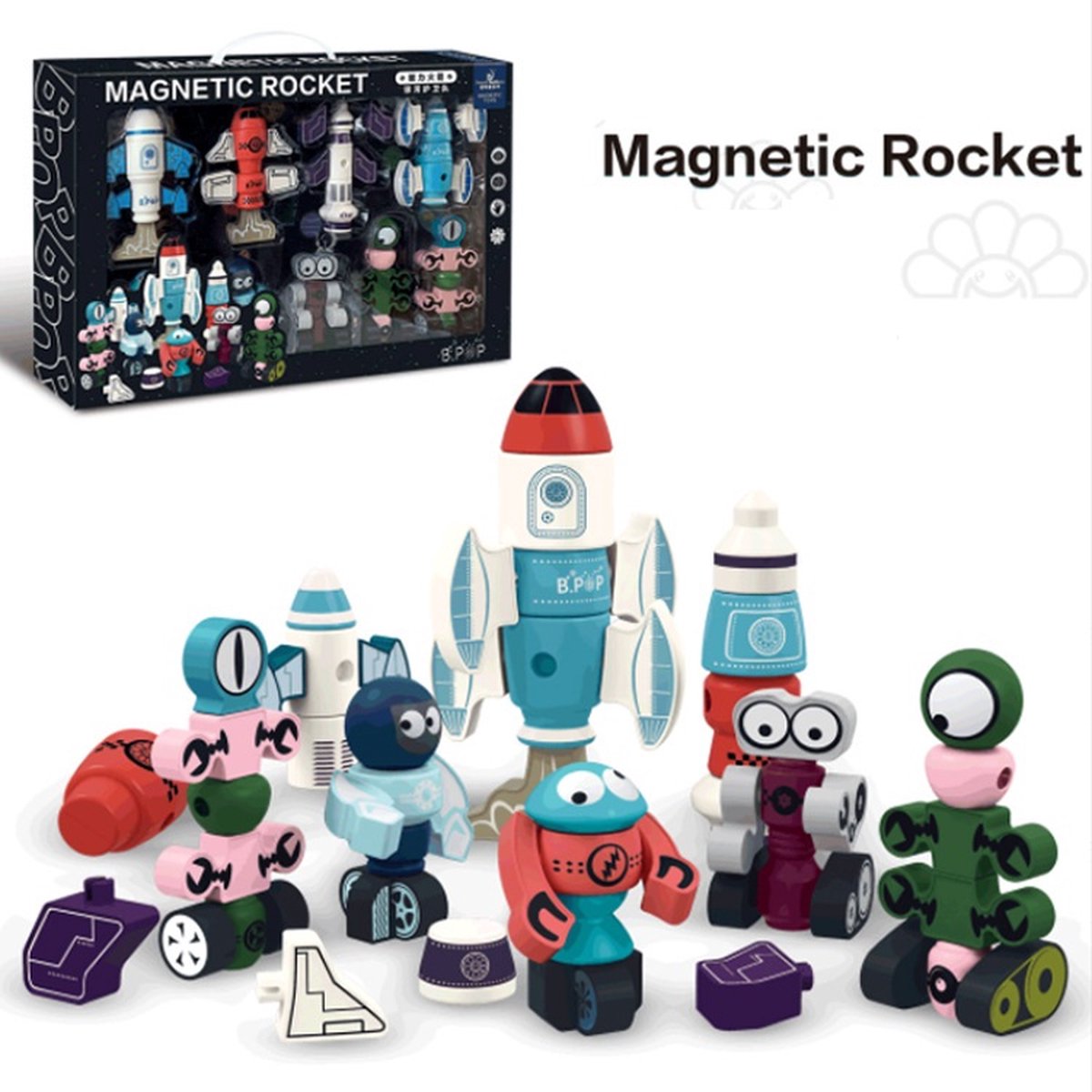 Magnetic Rocket & Buitenaards Wezen Deluxe Set - Magnetische Tegels – Magnetisch Speelgoed – Bouwset