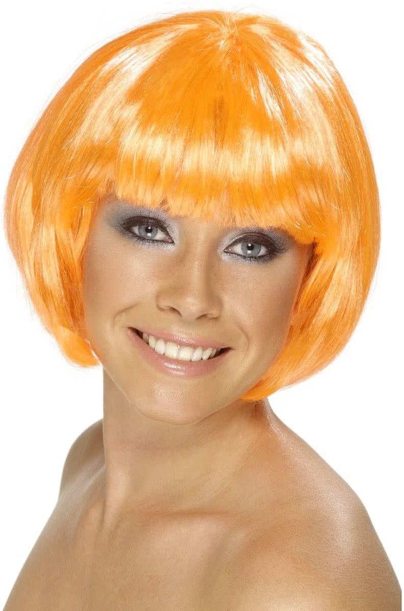 Babe pruik Neon Oranje kort met pony