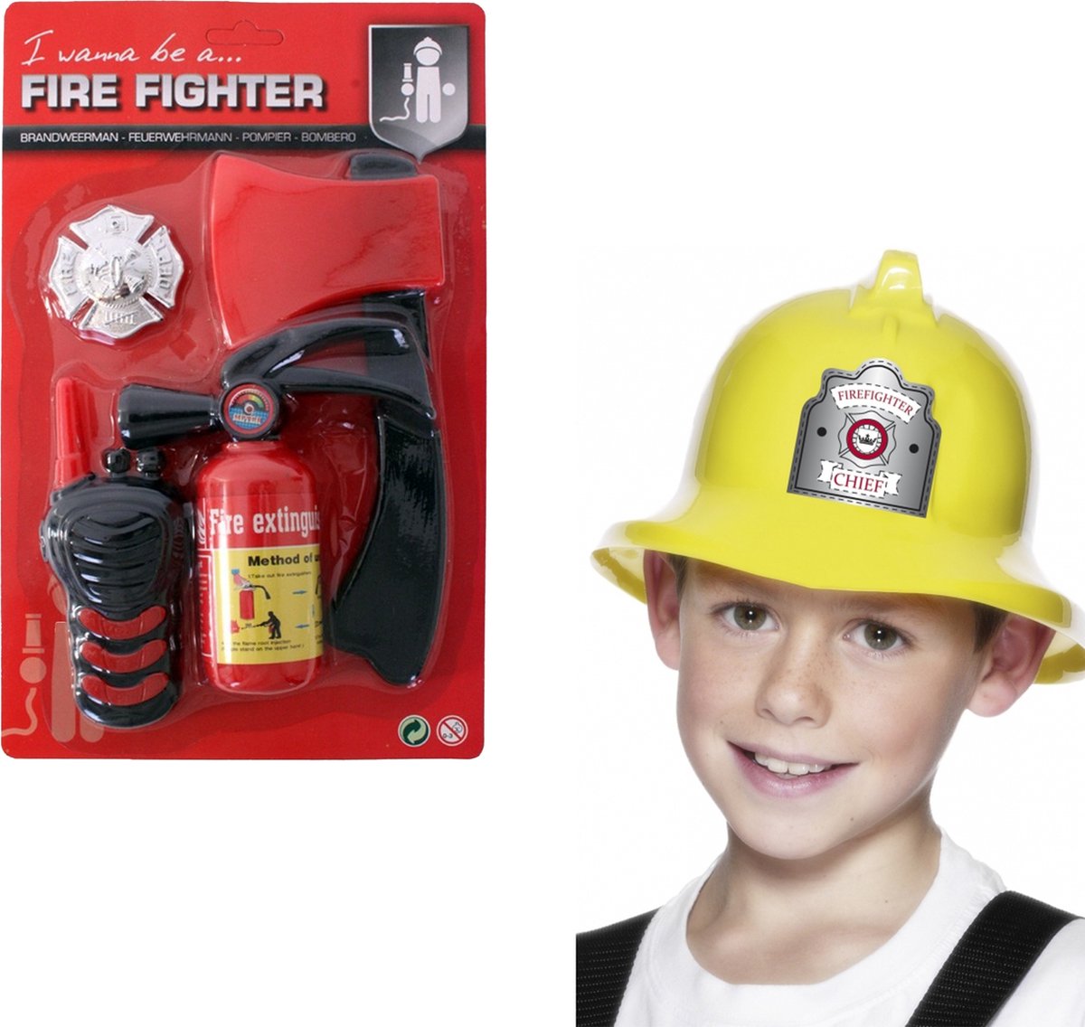 Brandweerman verkleed set - 5 delig - voor kinderen - helm - gereedschap - Carnaval