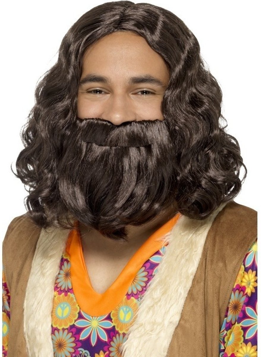 Bruine hippie pruik en baard voor heren