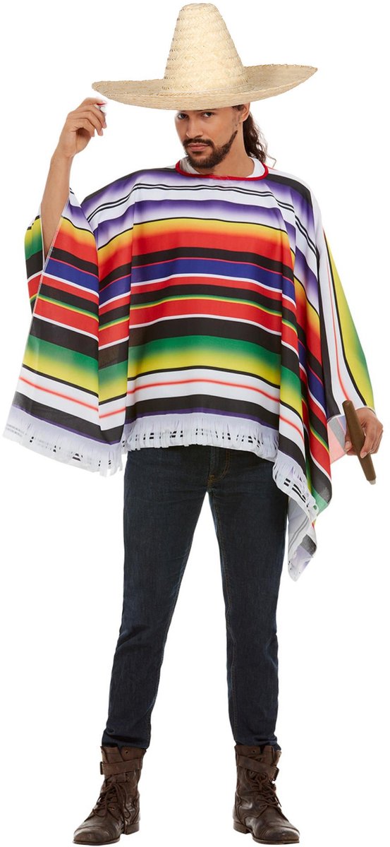 Carnaval verkleed set Mexicaan - gekleurde one size poncho - Sombrero hoed naturel met dia 59 cm