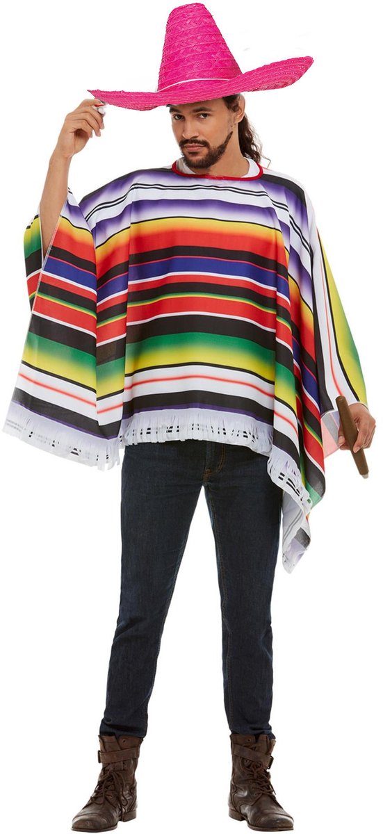Carnaval verkleed set Mexicaan - gekleurde one size poncho - Sombrero hoed roze met dia 59 cm