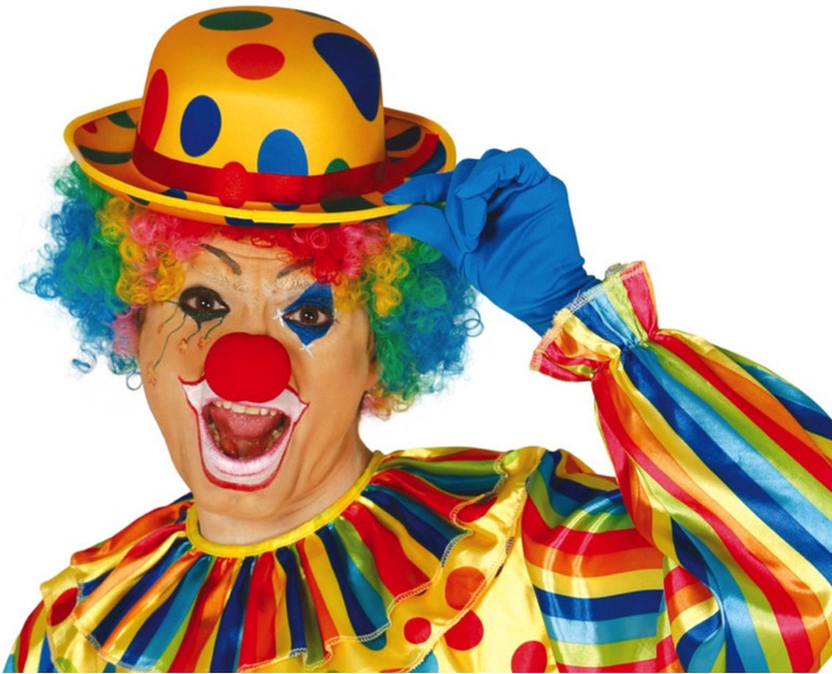 Clown verkleed set gekleurde pruik met bolhoed geel met stippen - Carnaval clowns verkleedkleding en accessoires