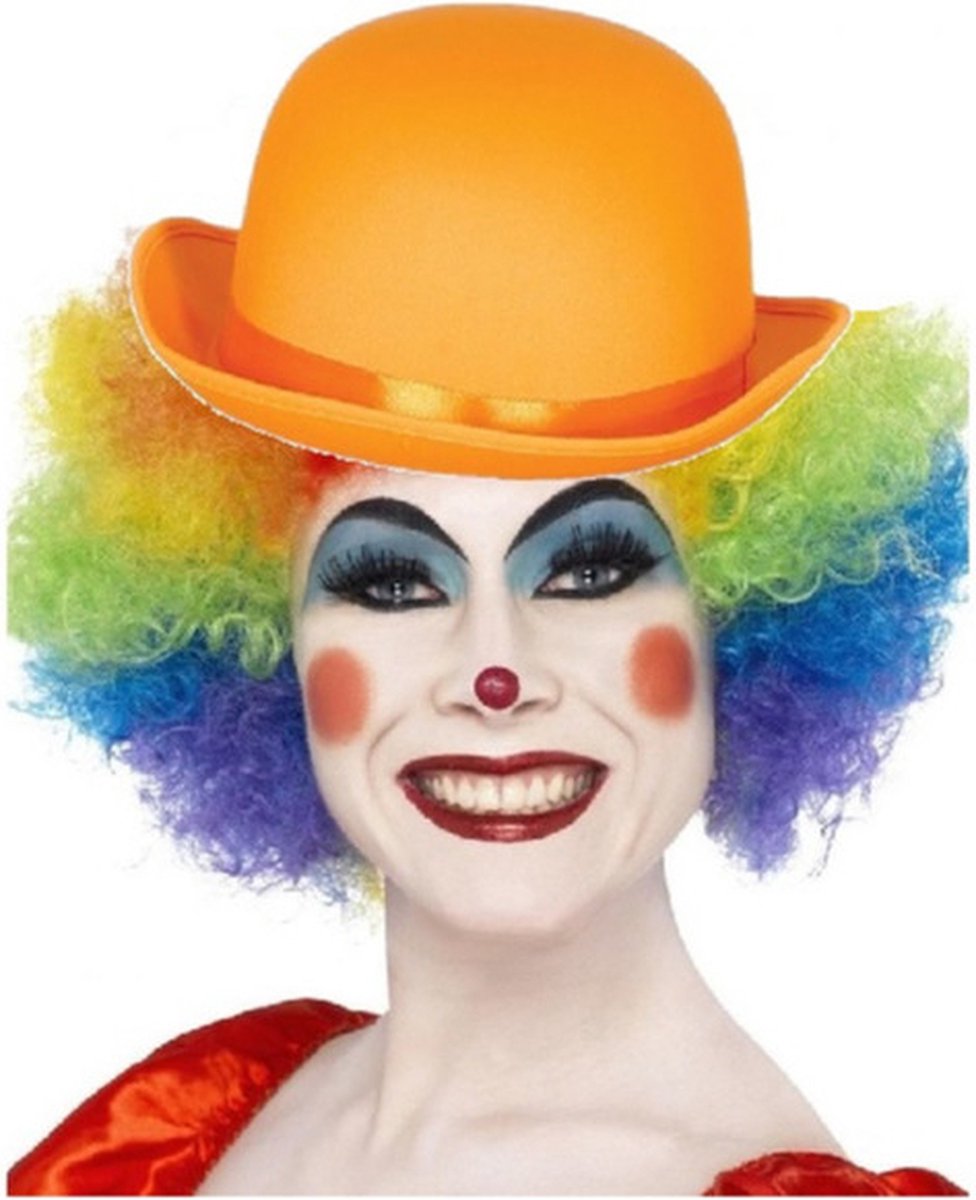 Clown verkleed set gekleurde pruik met bolhoed oranje - Carnaval clowns verkleedkleding en accessoires