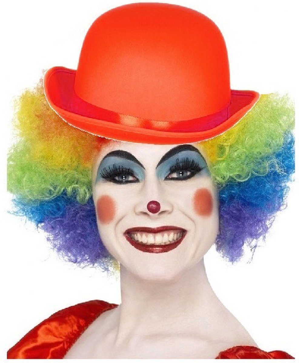 Clown verkleed set gekleurde pruik met bolhoed rood - Carnaval clowns verkleedkleding en accessoires