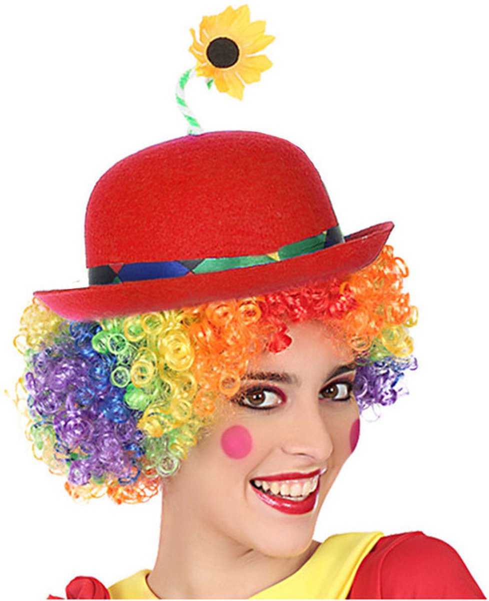 Clown verkleed set gekleurde pruik met bolhoed rood met bloem - Carnaval clowns verkleedkleding en accessoires