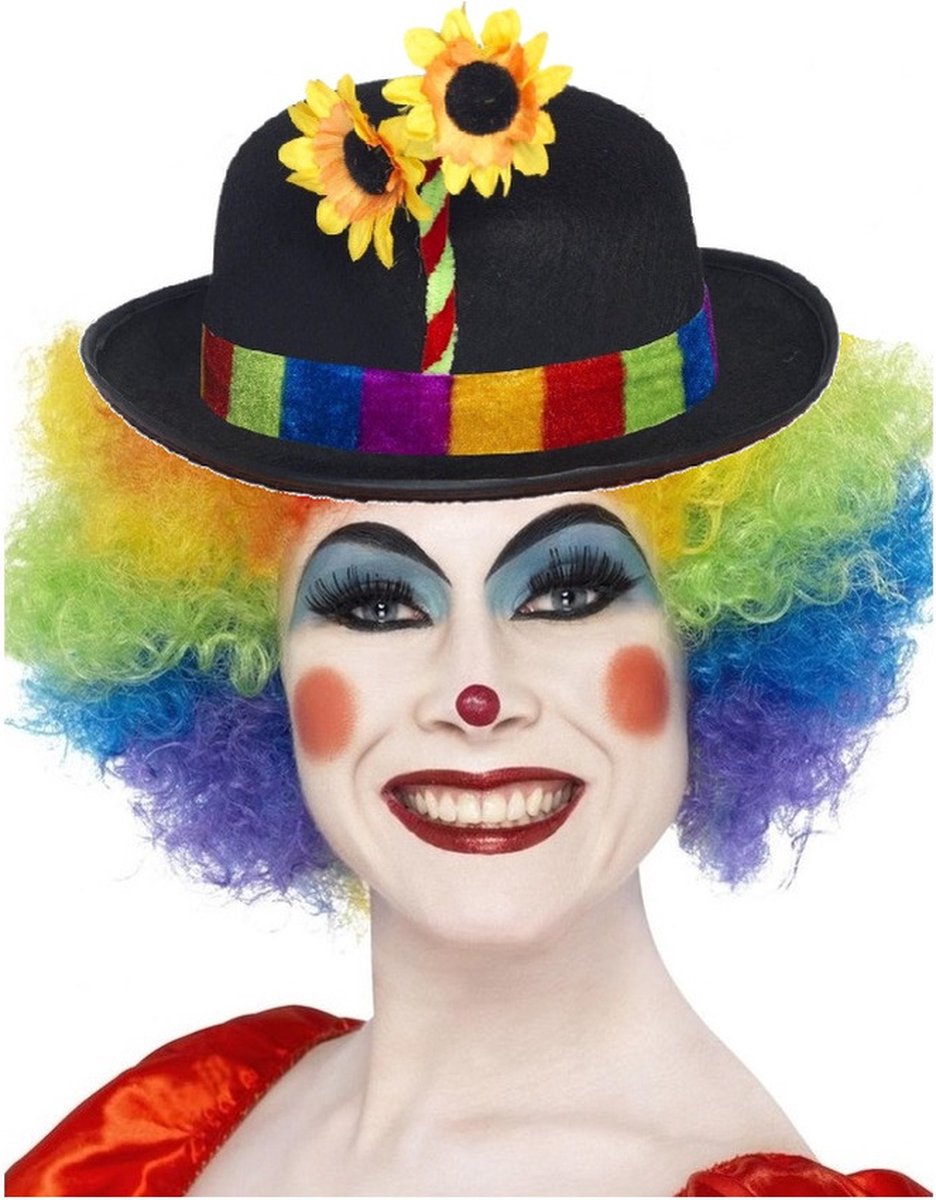 Clown verkleed set gekleurde pruik met bolhoedje - Carnaval clowns verkleedkleding en accessoires