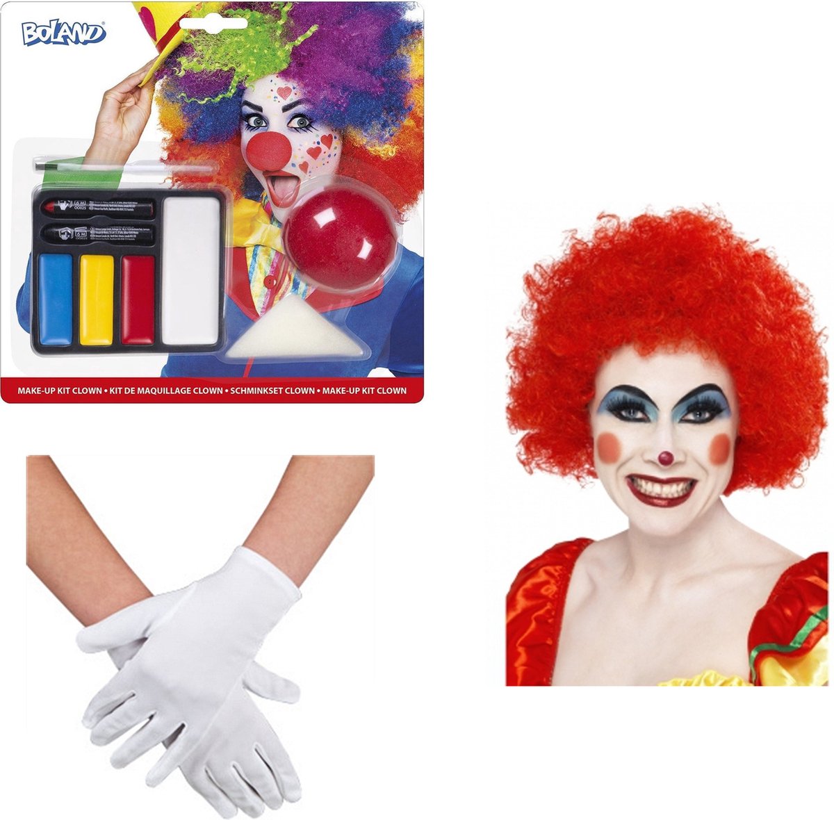 Clown verkleed set volwassenen - pruik rood/schmink/neus/handschoenen