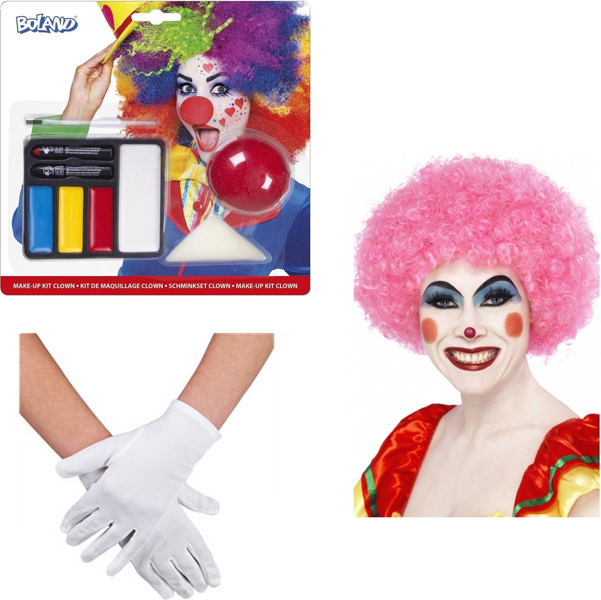 Clown verkleed set volwassenen - pruik roze/schmink/neus/handschoenen