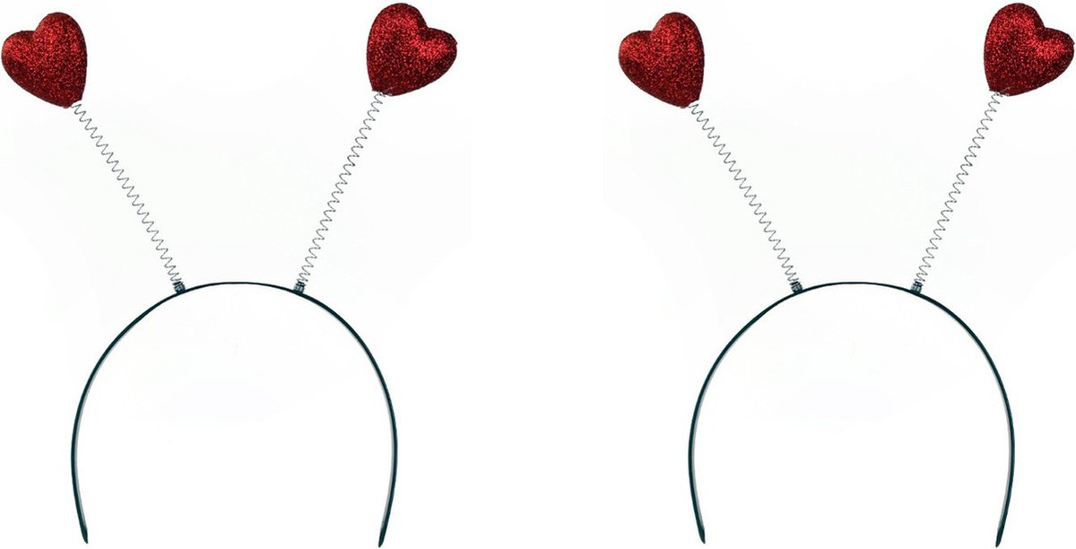 Diadeem/haarband rode glitter hartjes - 2x - Verkleed spullen - Vrijgezellen/Valentijn feestje
