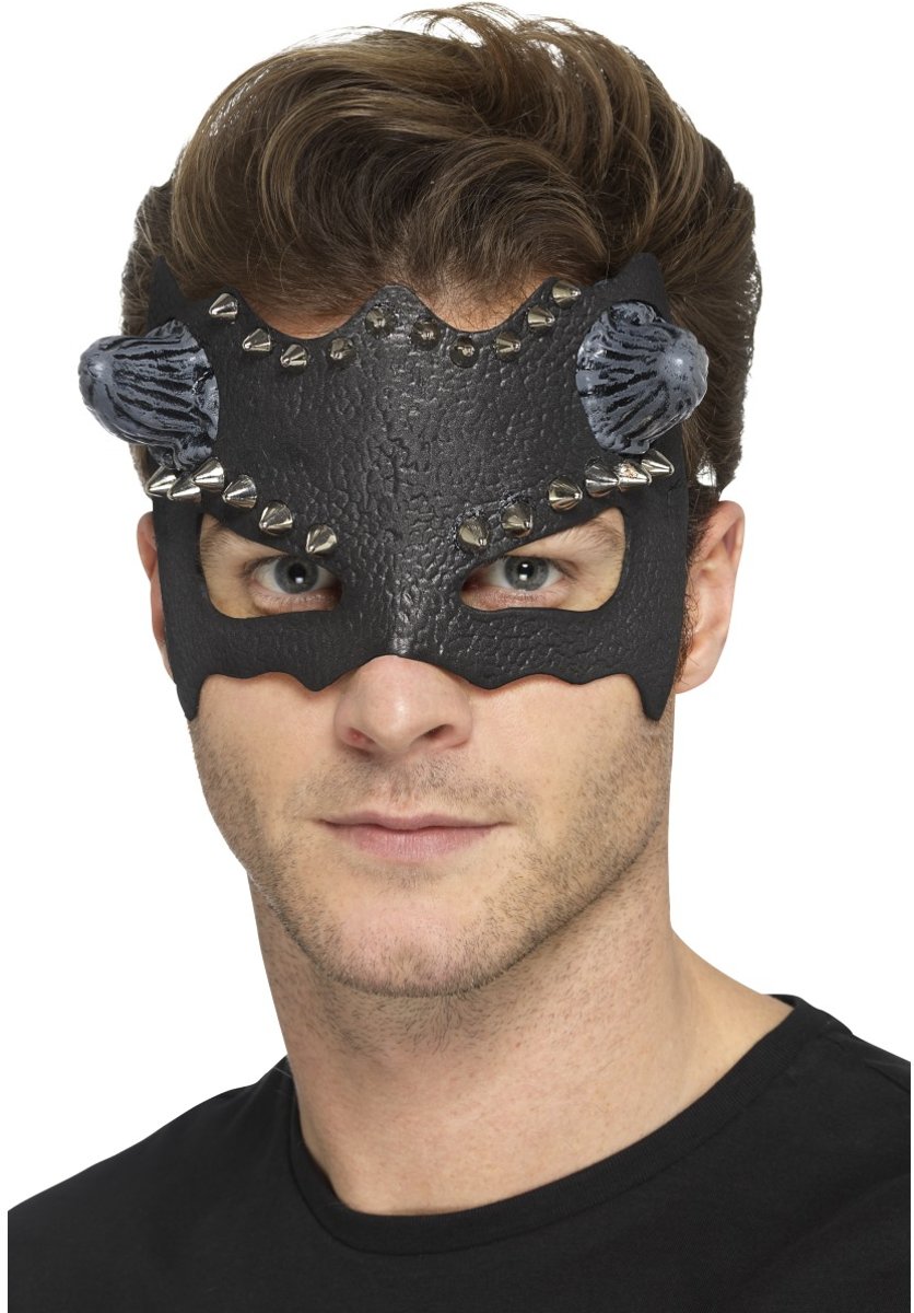 Duivel masker met studs voor heren - Zwart oogmasker met hoorns