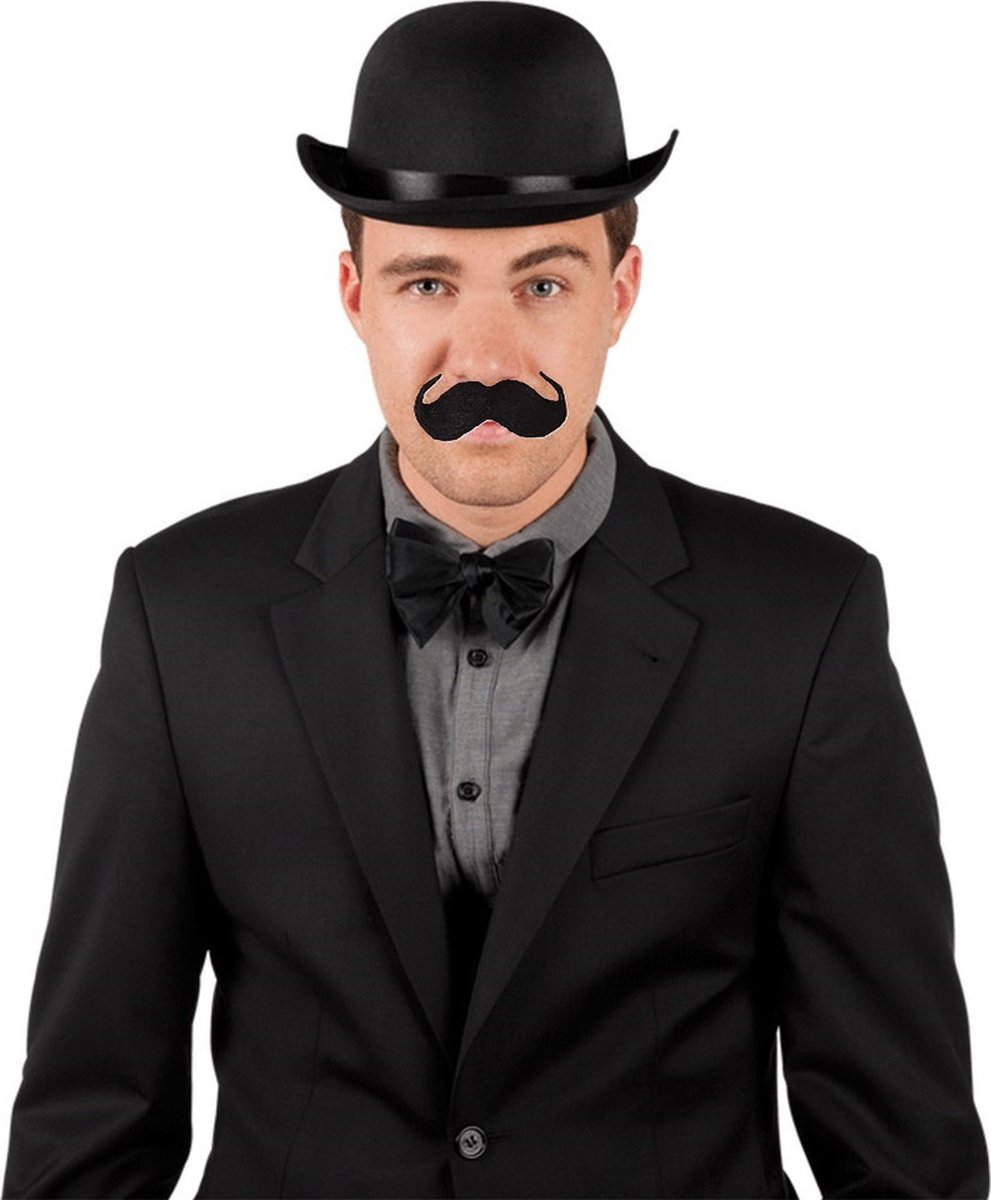 Gentleman/Aristocraat Verkleedkleding setje 3 delig - Engelse bolhoed - vlinderstrikje - plaksnor - zwart - voor heren