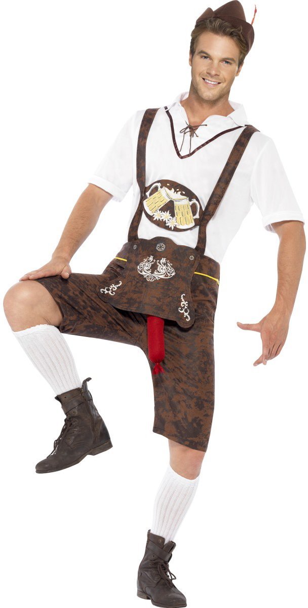 Grappig oktoberfestkostuum voor mannen - Lederhosen met braadworst  - Verkleedkleding -maat L (52-54)