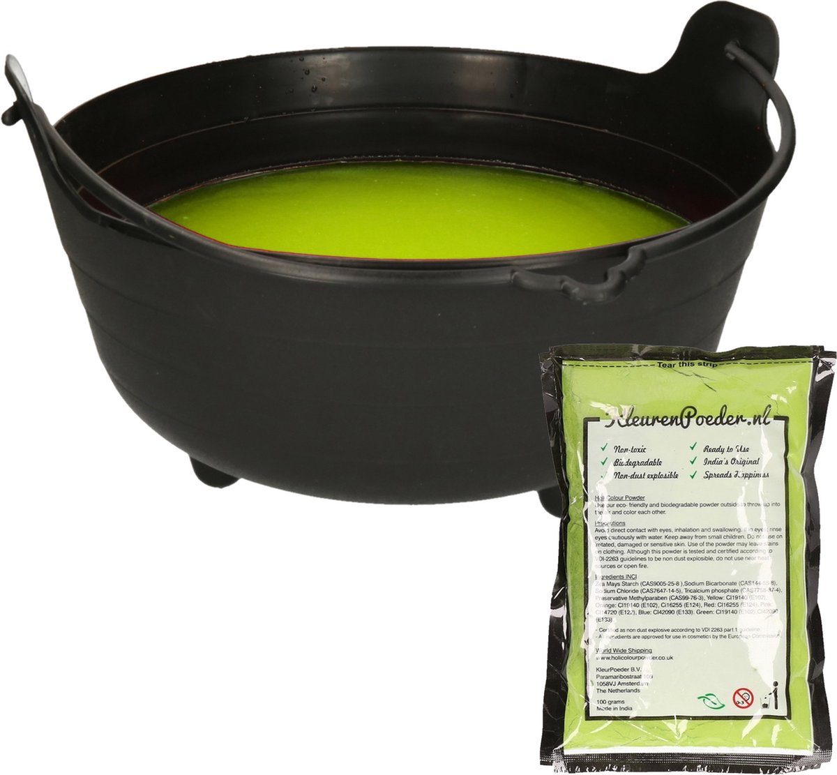 Halloween heksenketel/kookpot met heksensoep - 28 cm - incl. kleurpoeder groen