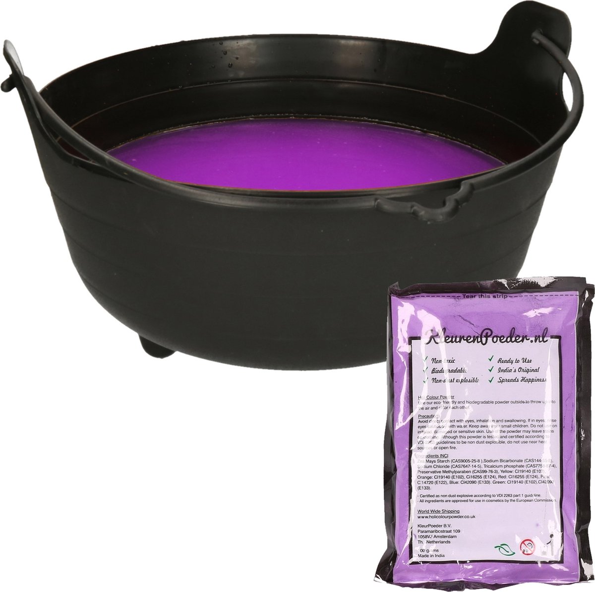 Halloween heksenketel/kookpot met heksensoep - 37 cm - incl. kleurpoeder paars