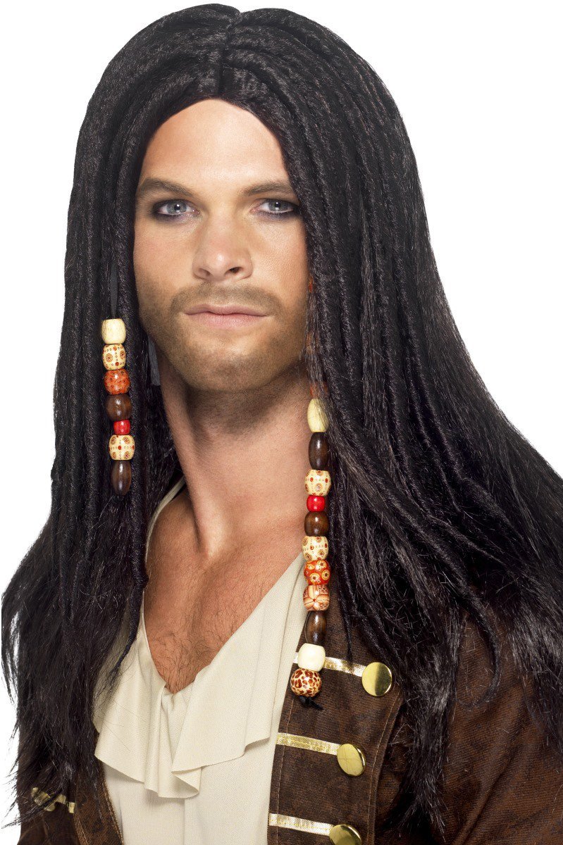 Jack Sparrow Pruik, Piraten pruik met lang zwart haar en kralen