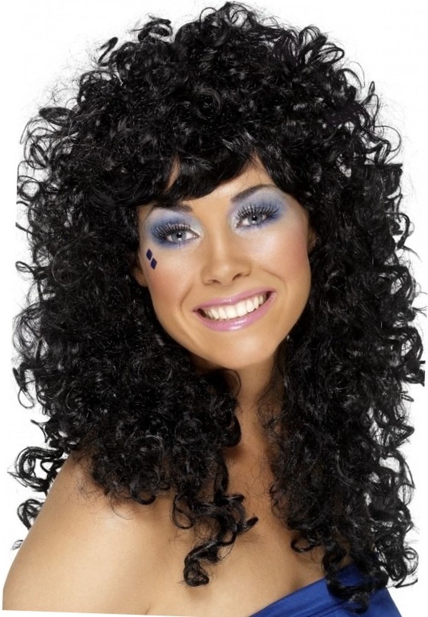 Jaren 70 damespruik met zwarte lange bos krullen - Jaren 70 verkleedkleding pruiken accessoires