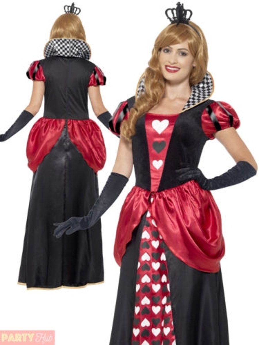 Lange Queen of Hearts jurk met kroontje - Alice in Wonderland thema kostuum maat 48/50