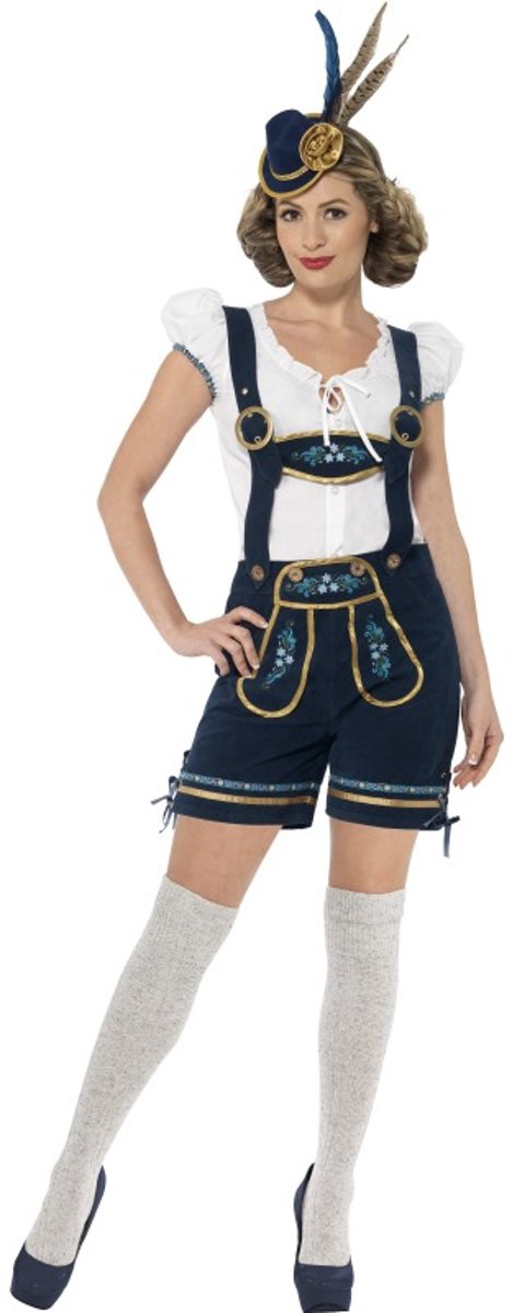 Luxe Oktoberfest kostuum - Blauwe lederhosen met borduurwerk + Tiroler blouse- maat 44/46